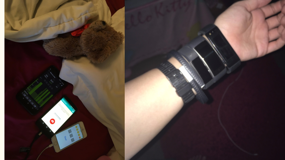 A photo of the devices on my wrist and bedside.
